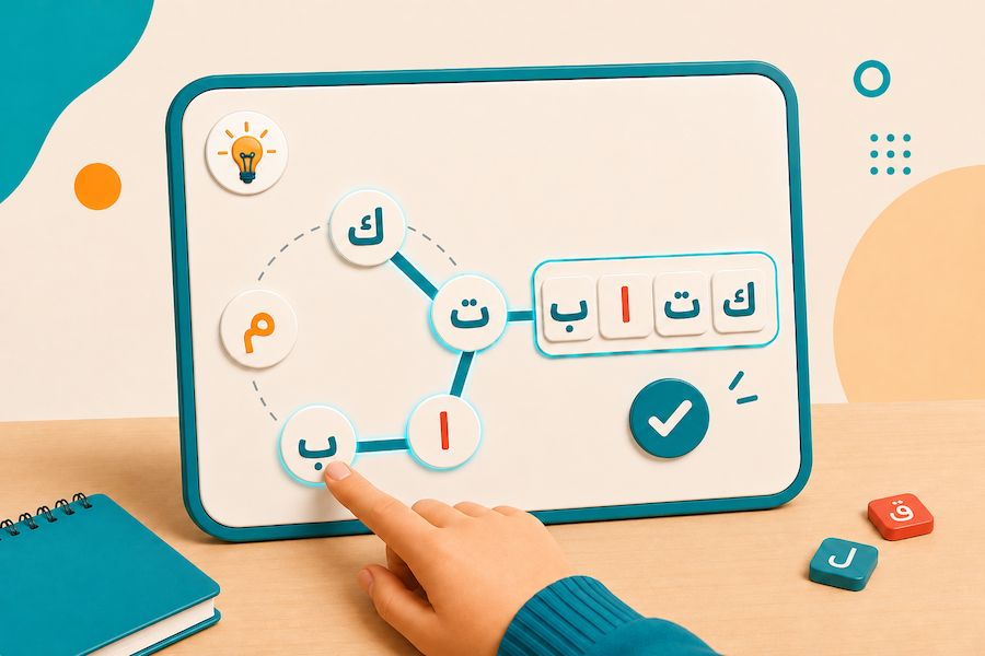 Arabic Scramble Words game with a hand selecting letters from a circular letter arena