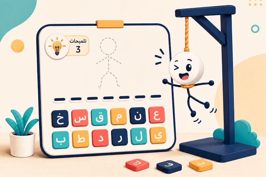 Arabic Hangman vocabulary game with Arabic letters and a playful hangman challenge