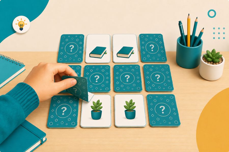Arabic Memory Game with a hand flipping matching vocabulary cards