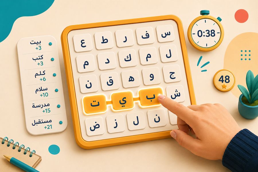 Arabic Word Hunt timed word-finding game with an Arabic letter grid