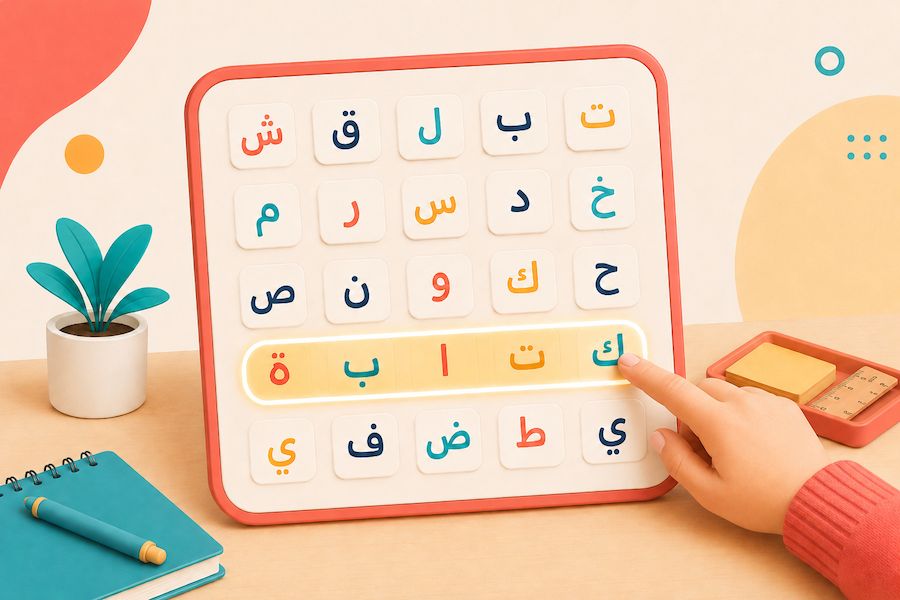 Arabic Word Search game with a hand tracing a word through an Arabic letter grid